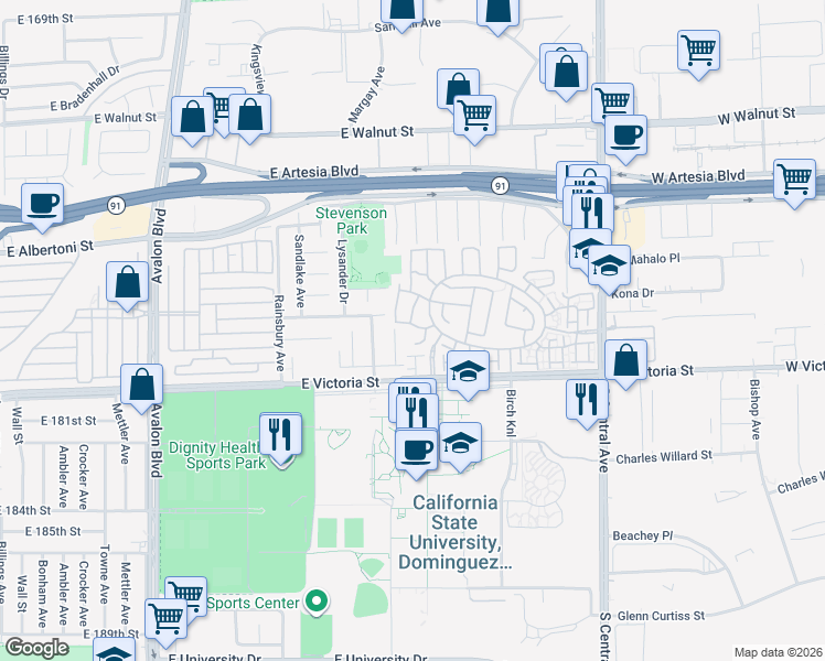 map of restaurants, bars, coffee shops, grocery stores, and more near 972 Blackberry Lane in Carson