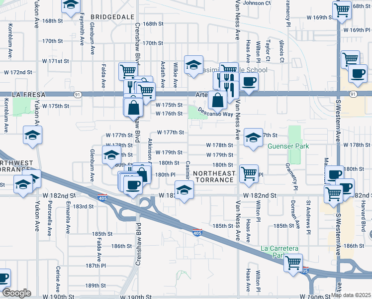 map of restaurants, bars, coffee shops, grocery stores, and more near 2618 West 179th Street in Torrance