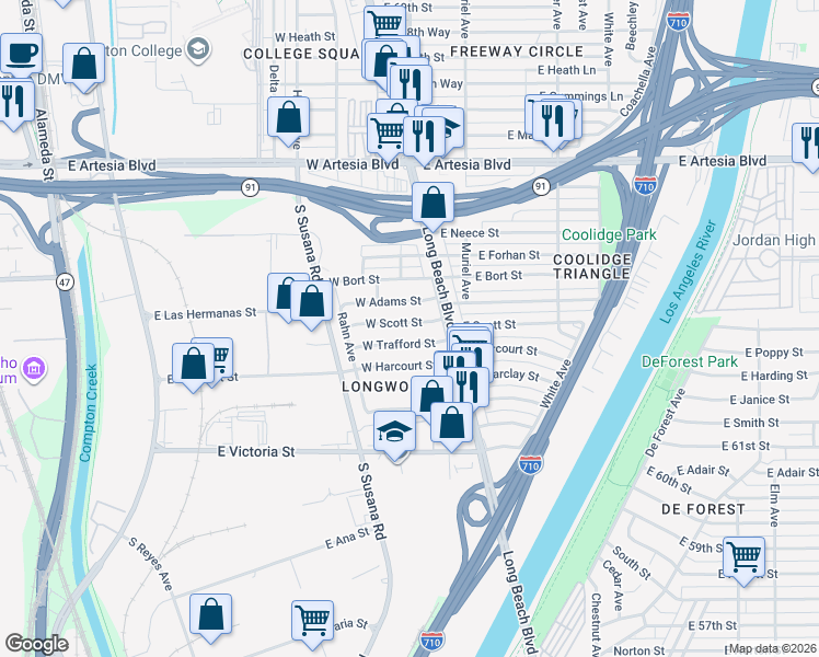 map of restaurants, bars, coffee shops, grocery stores, and more near 70 West Scott Street in Long Beach