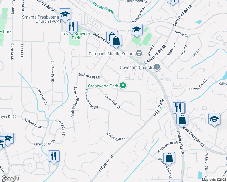 map of restaurants, bars, coffee shops, grocery stores, and more near 3472 Navaho Trail Southeast in Smyrna