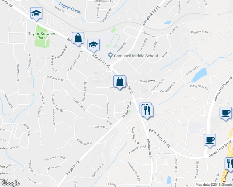 map of restaurants, bars, coffee shops, grocery stores, and more near 3502 Belridge Lane in Smyrna