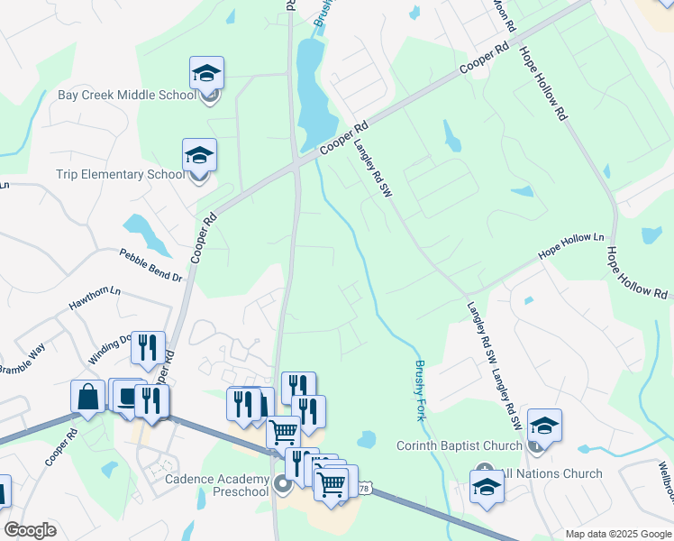 map of restaurants, bars, coffee shops, grocery stores, and more near 651 Autumn Meadow Drive in Loganville