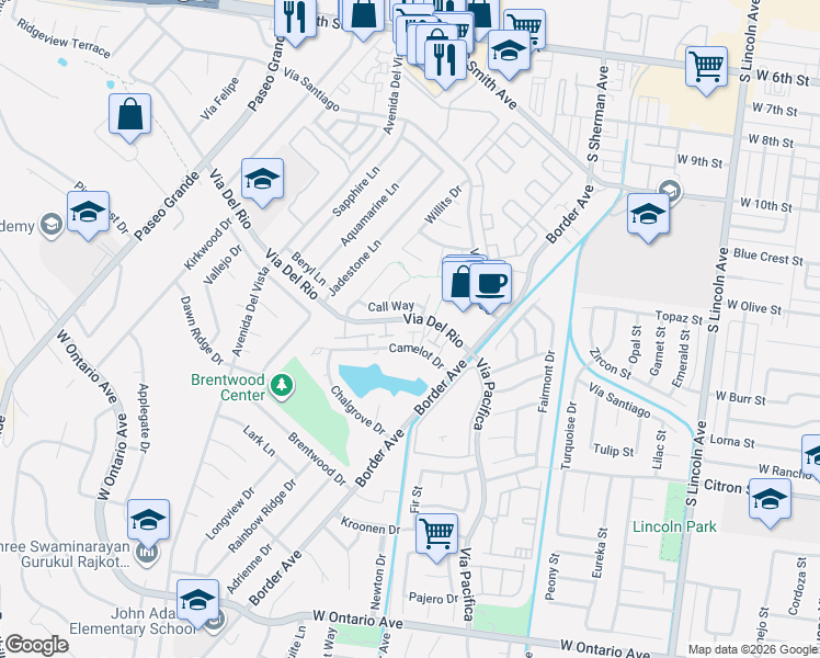 map of restaurants, bars, coffee shops, grocery stores, and more near 1447 Camelot Drive in Corona