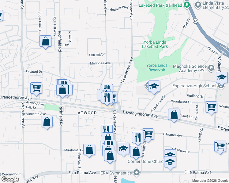 map of restaurants, bars, coffee shops, grocery stores, and more near 249 South Lakeview Avenue in Placentia