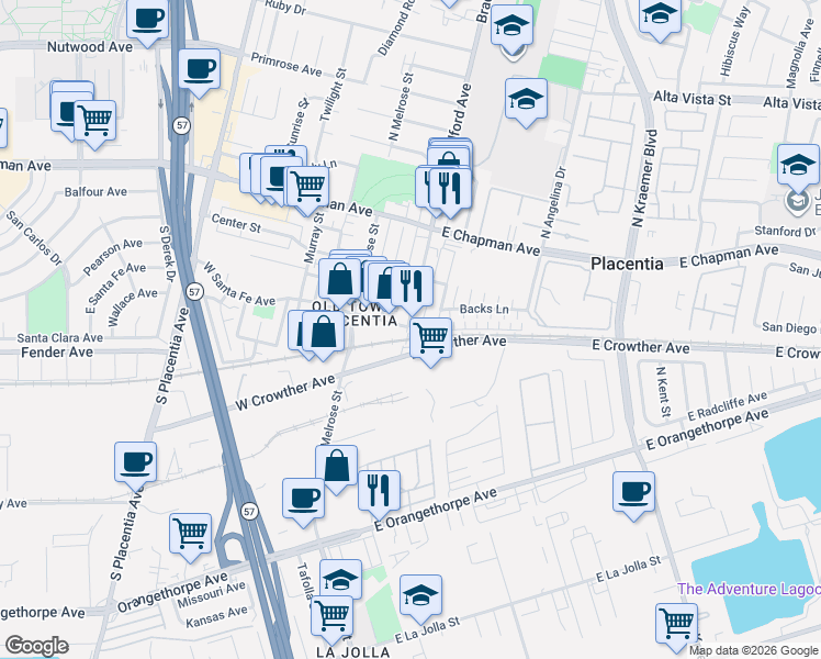 map of restaurants, bars, coffee shops, grocery stores, and more near 101 East Crowther Avenue in Placentia