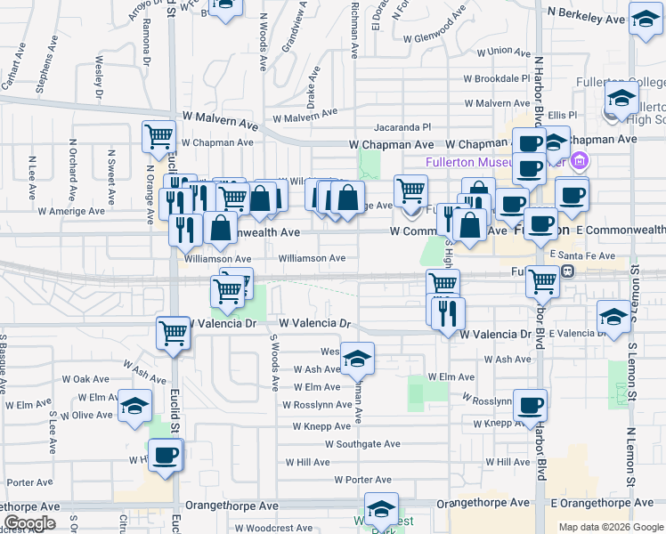 map of restaurants, bars, coffee shops, grocery stores, and more near 550 Williamson Avenue in Fullerton