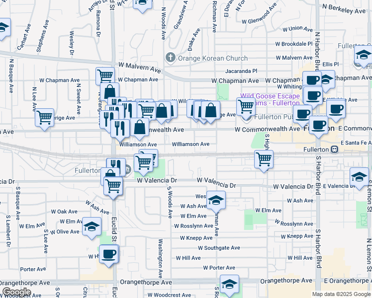 map of restaurants, bars, coffee shops, grocery stores, and more near 628 Williamson Avenue in Fullerton