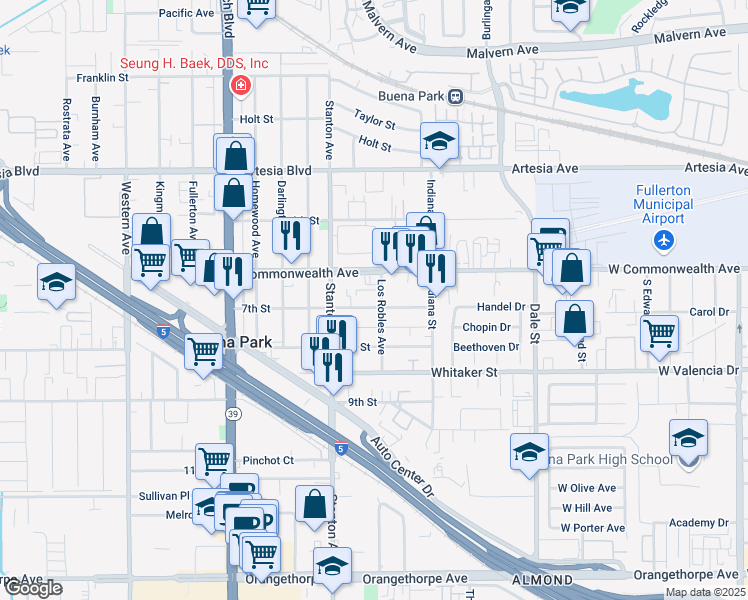 map of restaurants, bars, coffee shops, grocery stores, and more near 6342 Los Robles Avenue in Buena Park