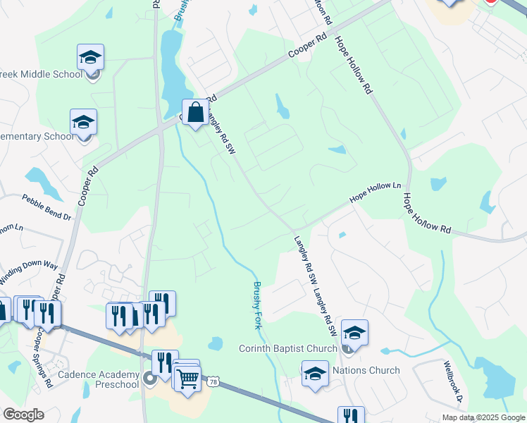 map of restaurants, bars, coffee shops, grocery stores, and more near 540 Langley Creek Drive in Loganville