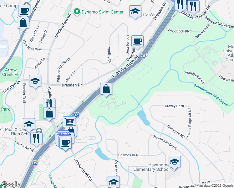 map of restaurants, bars, coffee shops, grocery stores, and more near 3107 Colonial Way in Chamblee