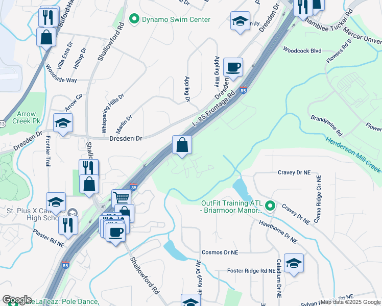 map of restaurants, bars, coffee shops, grocery stores, and more near 3113 Colonial Way in Atlanta