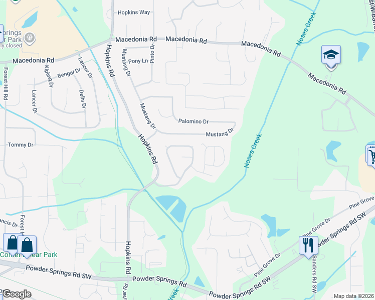 map of restaurants, bars, coffee shops, grocery stores, and more near 3535 North Hopkins Court in Powder Springs