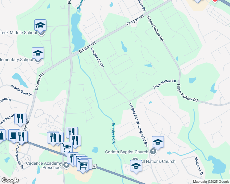 map of restaurants, bars, coffee shops, grocery stores, and more near 540 Langley Creek Drive in Loganville