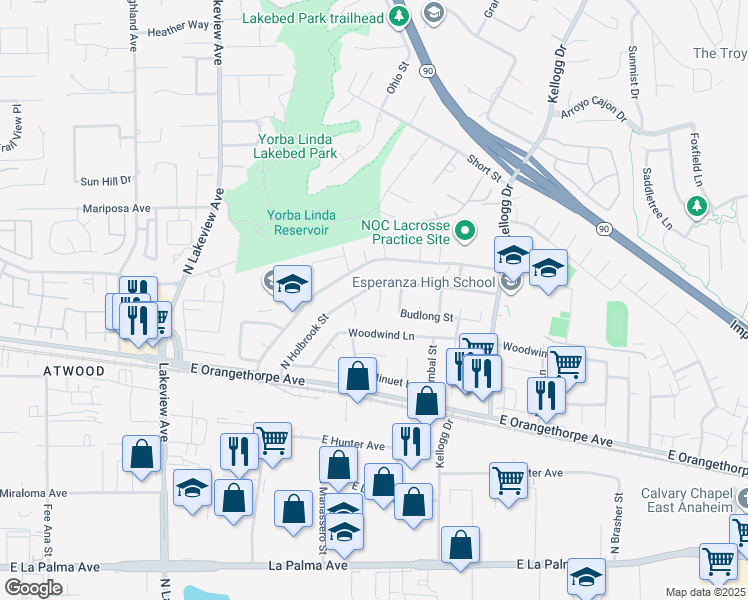 map of restaurants, bars, coffee shops, grocery stores, and more near 1817 North Symphony Street in Anaheim