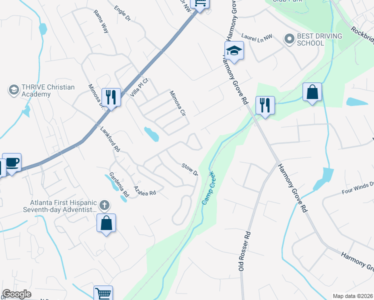 map of restaurants, bars, coffee shops, grocery stores, and more near 5756 Princeton Run Trail in Tucker