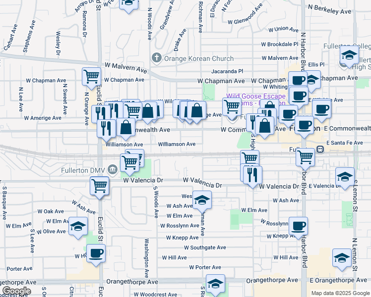 map of restaurants, bars, coffee shops, grocery stores, and more near 550 Williamson Avenue in Fullerton