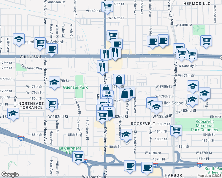 map of restaurants, bars, coffee shops, grocery stores, and more near 17832 South Hobart Boulevard in Gardena