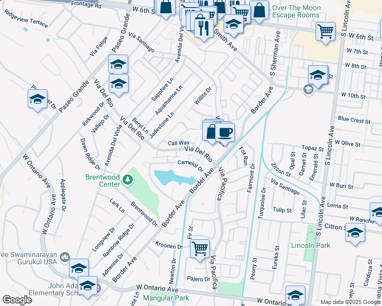 map of restaurants, bars, coffee shops, grocery stores, and more near 1366 Via Del Rio in Corona
