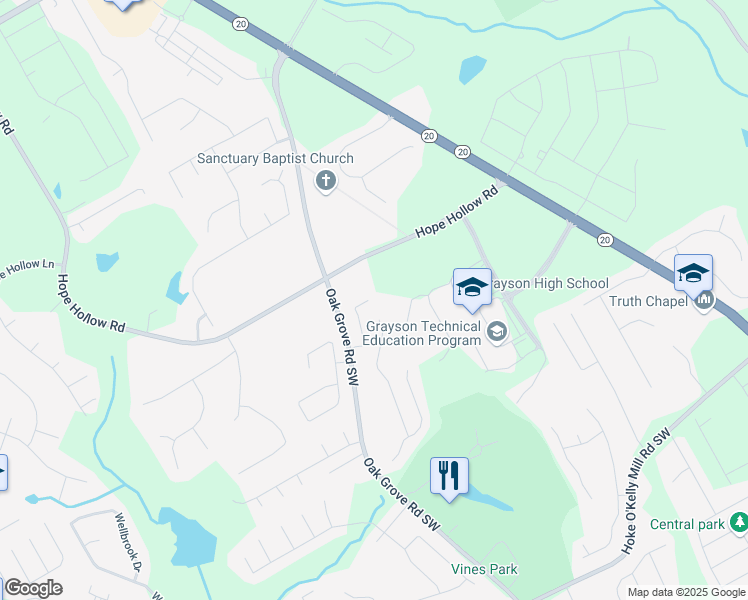 map of restaurants, bars, coffee shops, grocery stores, and more near 3128 Watson Woods Way in Loganville