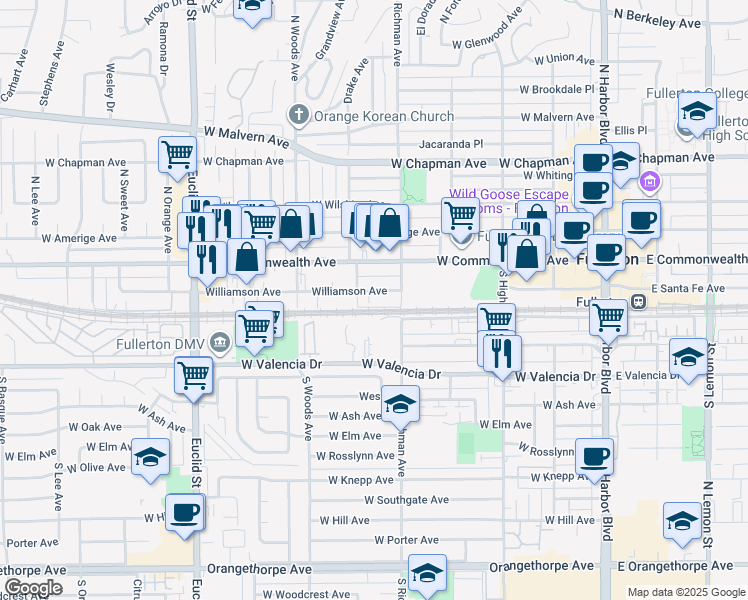 map of restaurants, bars, coffee shops, grocery stores, and more near 550 Williamson Avenue in Fullerton