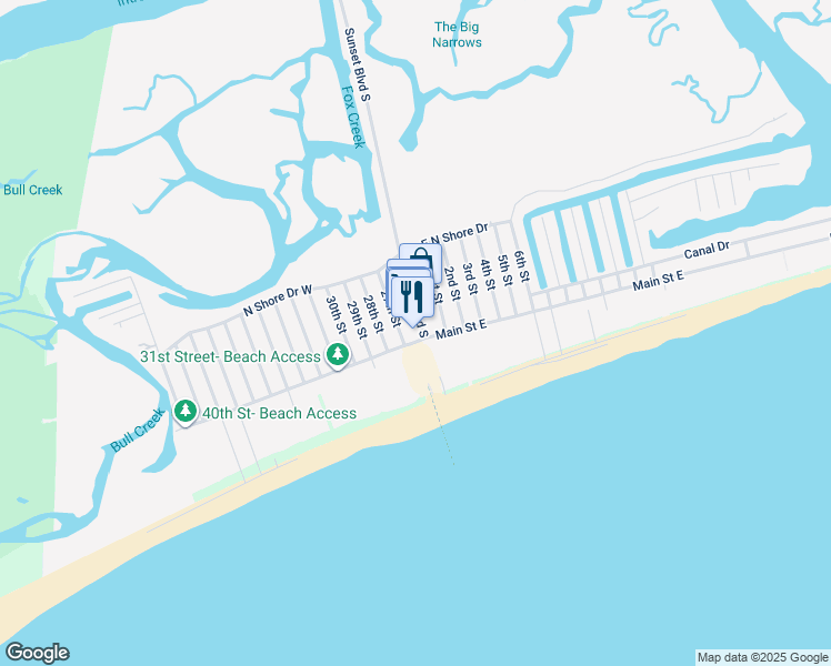 map of restaurants, bars, coffee shops, grocery stores, and more near 434 Sunset Boulevard South in Sunset Beach