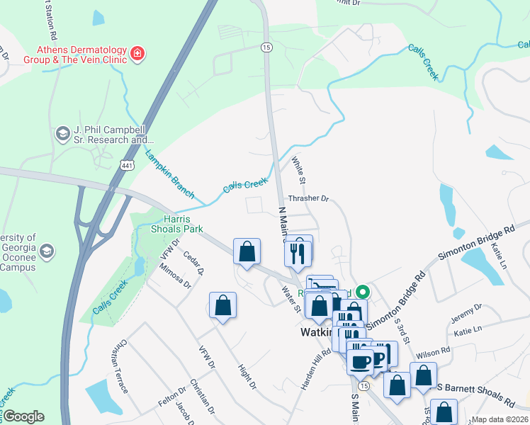 map of restaurants, bars, coffee shops, grocery stores, and more near 75 North Main Street in Watkinsville