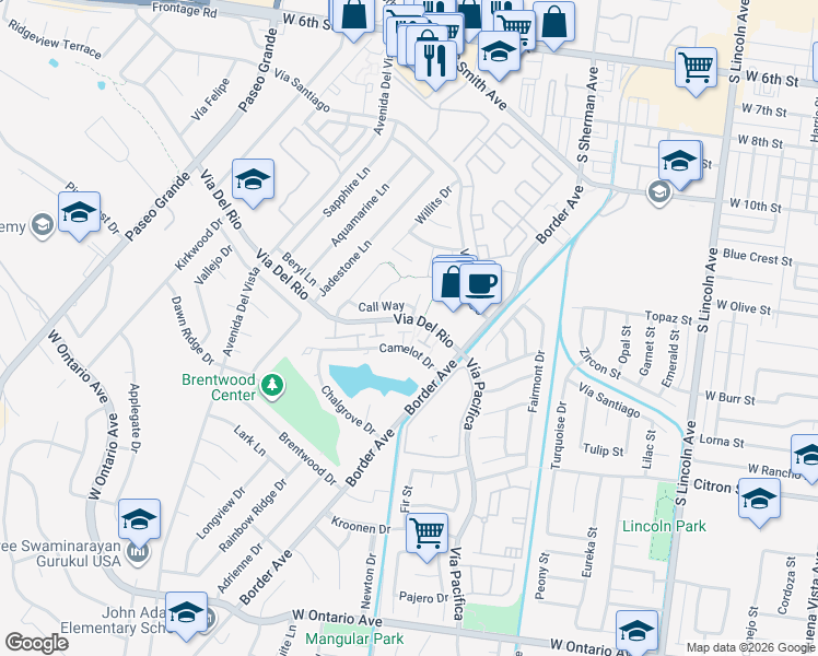 map of restaurants, bars, coffee shops, grocery stores, and more near 1366 Via Del Rio in Corona