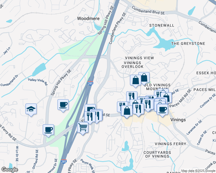 map of restaurants, bars, coffee shops, grocery stores, and more near 2580 Cumberland Parkway Southeast in Atlanta