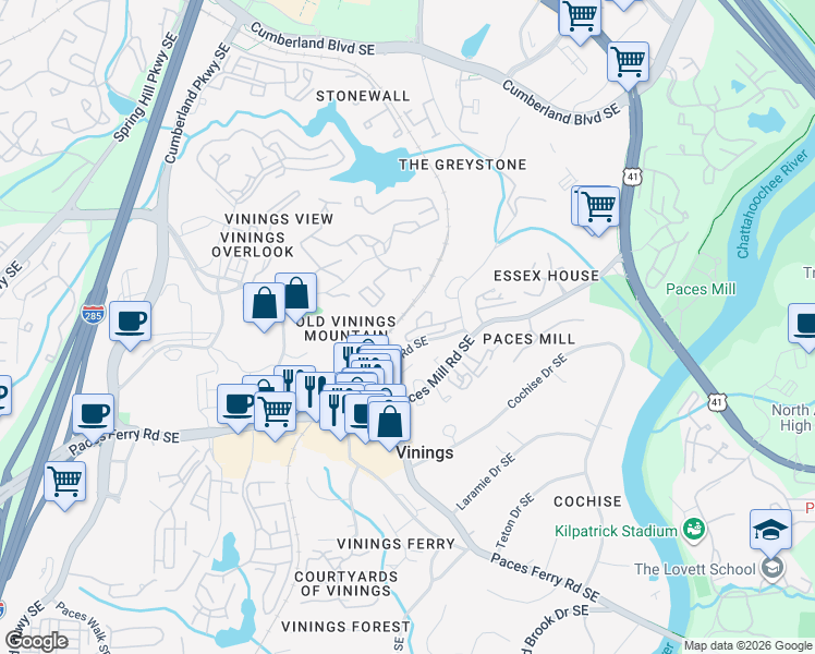 map of restaurants, bars, coffee shops, grocery stores, and more near 3051 Vinings Ridge Drive Southeast in Atlanta