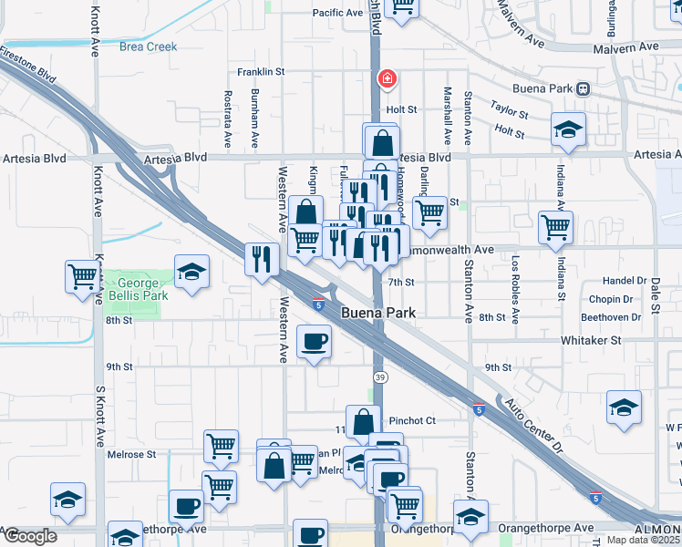 map of restaurants, bars, coffee shops, grocery stores, and more near 6281 Beach Boulevard in Buena Park