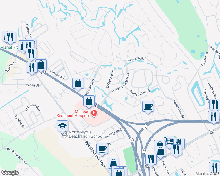 map of restaurants, bars, coffee shops, grocery stores, and more near 114 Goldenrod Circle in Little River