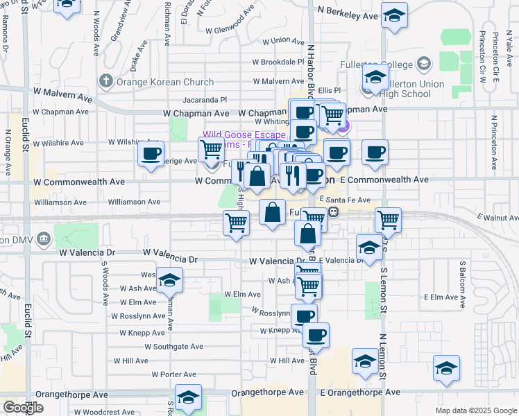 map of restaurants, bars, coffee shops, grocery stores, and more near 144 West Walnut Avenue in Fullerton