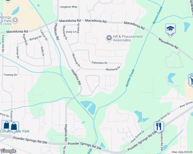 map of restaurants, bars, coffee shops, grocery stores, and more near 3688 Stephanie Court in Powder Springs