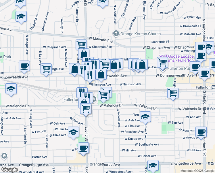 map of restaurants, bars, coffee shops, grocery stores, and more near 722 Williamson Avenue in Fullerton