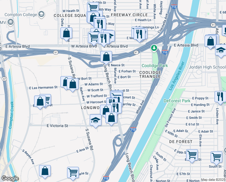 map of restaurants, bars, coffee shops, grocery stores, and more near 163 East Scott Street in Long Beach
