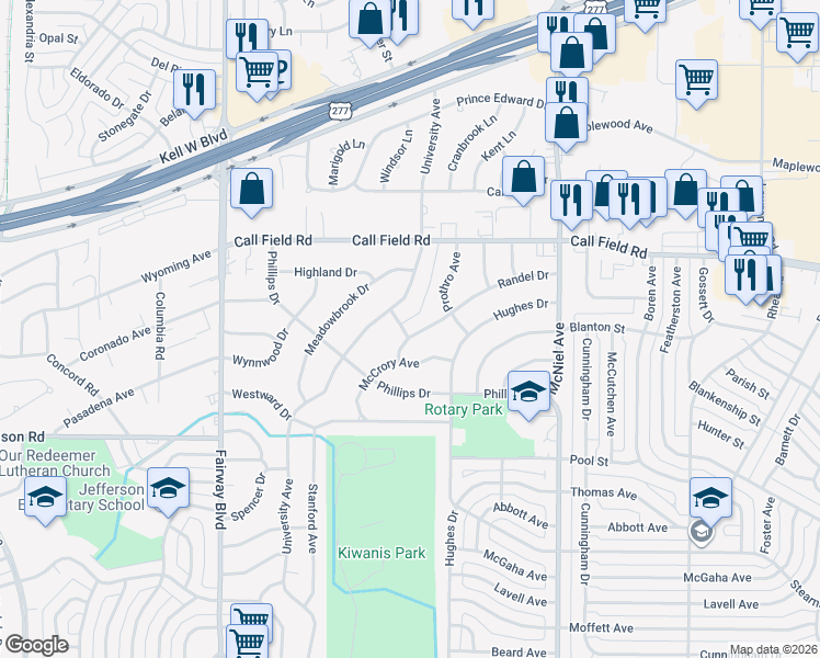 map of restaurants, bars, coffee shops, grocery stores, and more near 4411 Randel Drive in Wichita Falls
