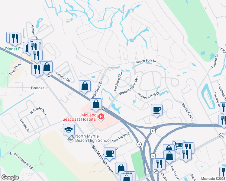 map of restaurants, bars, coffee shops, grocery stores, and more near 114 Goldenrod Circle in Little River