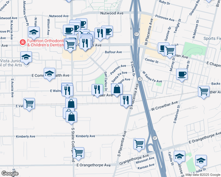 map of restaurants, bars, coffee shops, grocery stores, and more near 2505 East Santa Fe Avenue in Fullerton