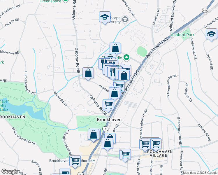 map of restaurants, bars, coffee shops, grocery stores, and more near 1269 Kendrick Road Northeast in Atlanta