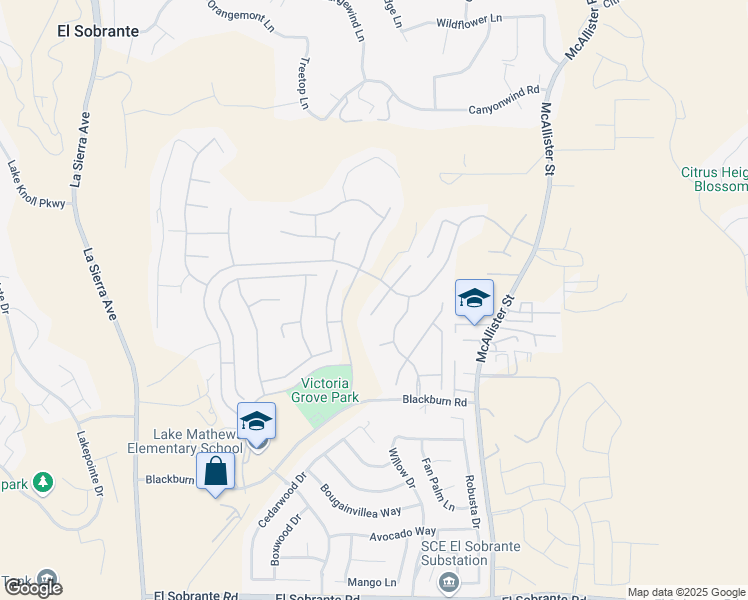 map of restaurants, bars, coffee shops, grocery stores, and more near 17331 Cross Creek Lane in Riverside