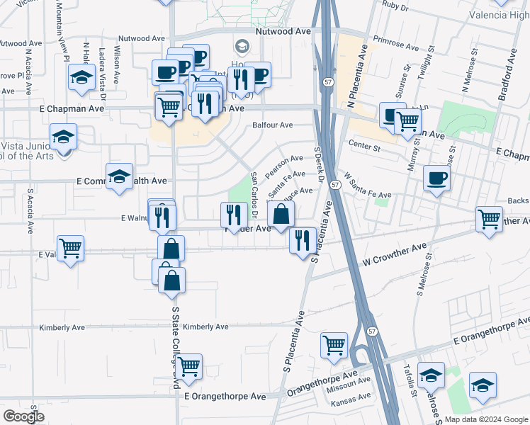 map of restaurants, bars, coffee shops, grocery stores, and more near 2505 East Santa Fe Avenue in Fullerton