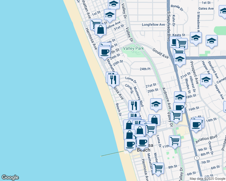 map of restaurants, bars, coffee shops, grocery stores, and more near 20 22nd Street in Hermosa Beach
