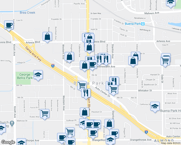 map of restaurants, bars, coffee shops, grocery stores, and more near 6296 Beach Boulevard in Buena Park