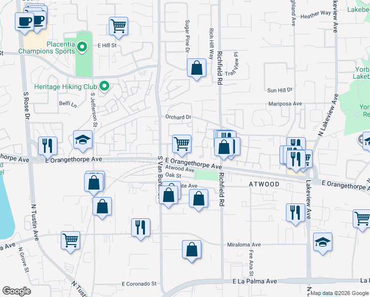 map of restaurants, bars, coffee shops, grocery stores, and more near 306 Lampman Way in Placentia