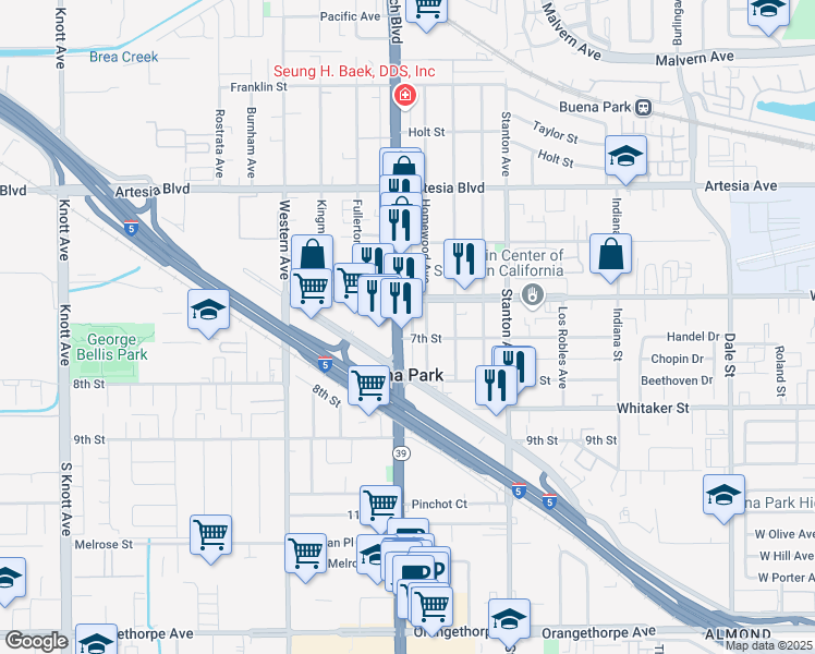 map of restaurants, bars, coffee shops, grocery stores, and more near 6296 Beach Boulevard in Buena Park