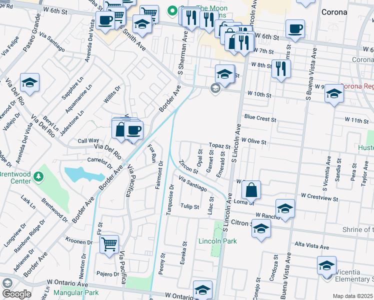 map of restaurants, bars, coffee shops, grocery stores, and more near 1362 Opal Street in Corona