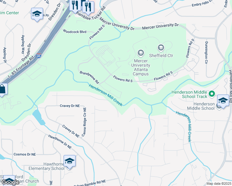 map of restaurants, bars, coffee shops, grocery stores, and more near 2980 Brandywine Road in Atlanta