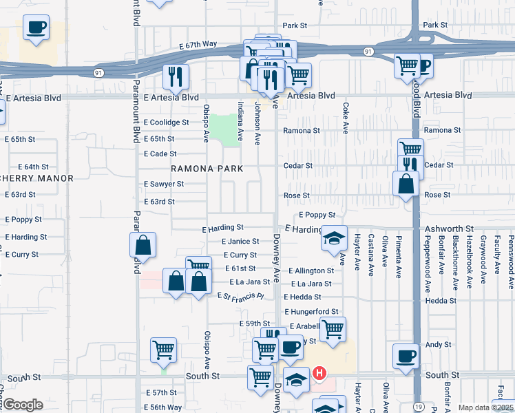 map of restaurants, bars, coffee shops, grocery stores, and more near 3480 East Poppy Street in Long Beach