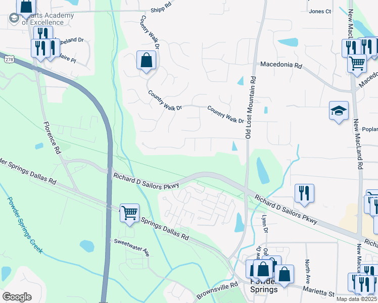 map of restaurants, bars, coffee shops, grocery stores, and more near 3518 Birdfield Court in Powder Springs