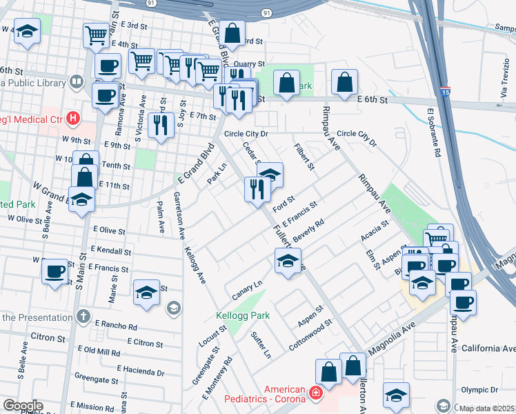 map of restaurants, bars, coffee shops, grocery stores, and more near 1072 Fullerton Avenue in Corona